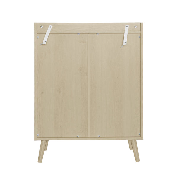 English Elm 2 Door Shoe Rack with Anti-Dump Safety, Pine Feet & Black Rounded Handles, 33.67x16.93x7.68 Inch W688P183853