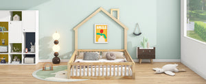 English Elm Wood House Platform Bed Full Size with Guardrail & Playful Frame, Sturdy Pine, Kid-Safe Design Natural N709P171852M