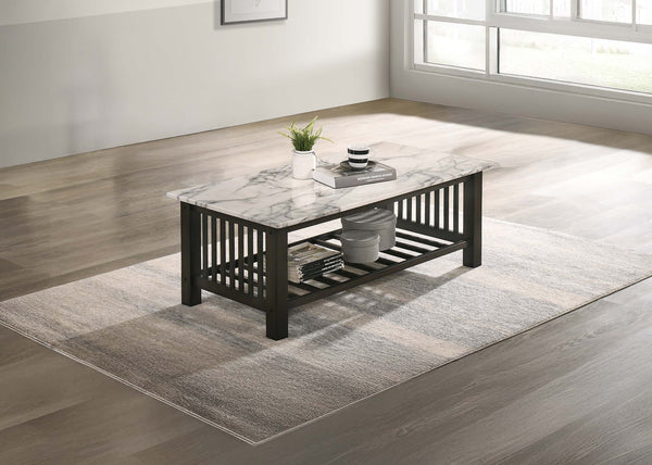 English Elm Modern Faux Marble Top Coffee Table with Antique Finish, Solid Legs & Open Lower Shelf, 47x24x18" Walnut 27 L x 50 W x 6 H B011P395604