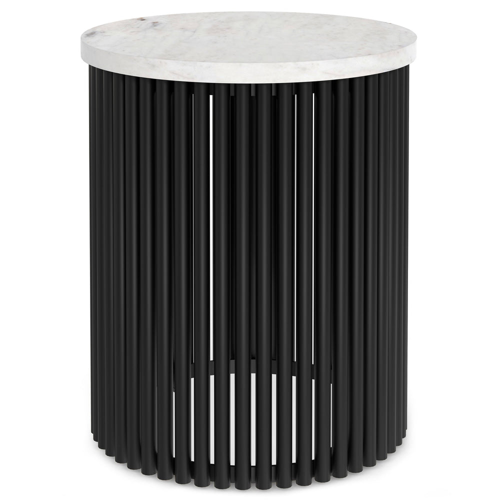 English Elm Demy White Marble Accent Table with Black Slatted Metal Base, Compact Round End Table, 21" H B136P159934