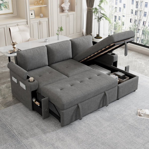 English Elm 83.5" L-shaped Sofa Couch Convertible Sectional with Reversible Chaise, Hidden Storage, USB Ports Gray N719S001790E