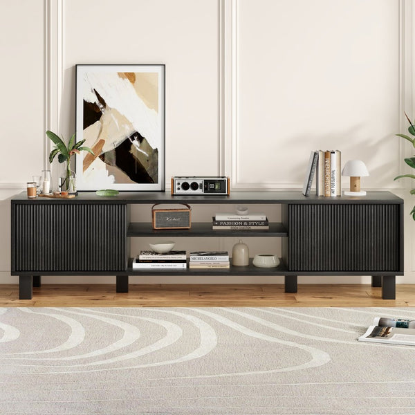 English Elm Modern Low Profile Media Console with Open Shelving and Concealed Cabinet Storage Black T3623P435424