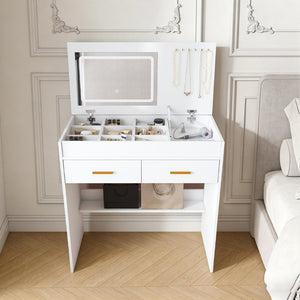 English Elm Flip Top Makeup Vanity Desk with Led Mirror Built-in Outlet and Jewelry Hooks W2699P404630