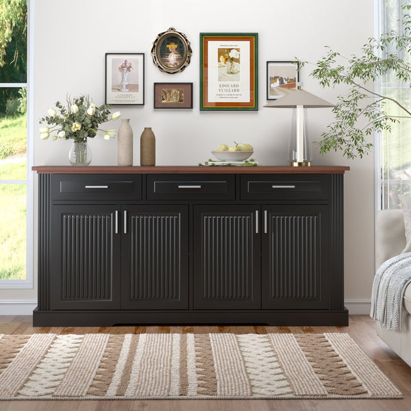 English Elm 63" Fluted Sideboard Buffet Cabinet with Coffee Bar Storage, 4 Doors 3 Drawers, Smooth Silent Slides Black W2917P319112