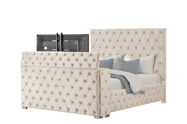 English Elm Encore Contemporary Tufted King Bed With Hidden Tv Compartment, Durable Wood Frame In Beige Elegance B009S01678