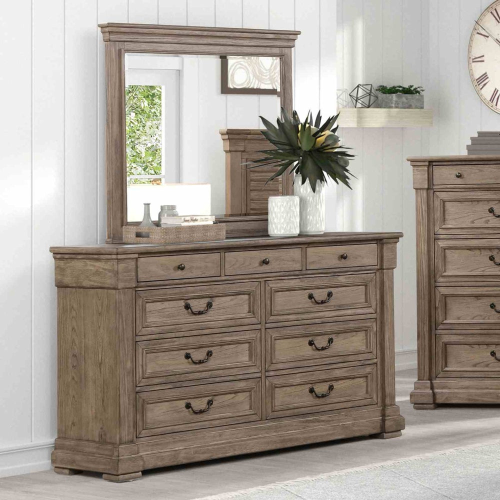 English Elm Weathered Gray Elm Veneer Dresser with Mirror Dovetail Drawers for Modern Bedroom B2741S00932