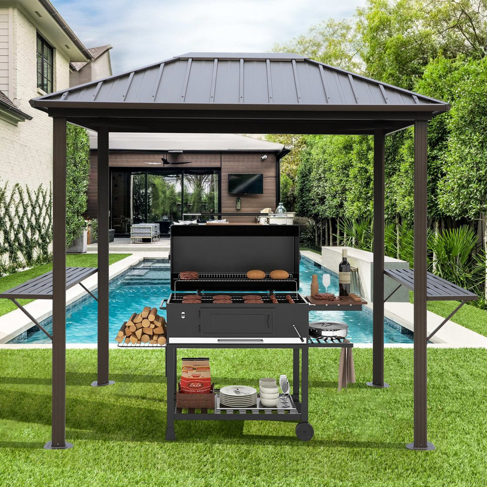 English Elm Grill 6x8 FT Hardtop Gazebo - Durable Galvanized Steel & Aluminum BBQ Pavilion with Shelves, Patio W419P276718