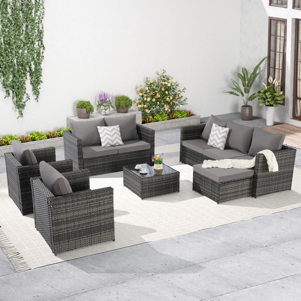 English Elm 6 Piece Outdoor Modular Sectional with Pe Wicker Cushioned Seating and Tempered Glass Table Dark Gray W874S00062