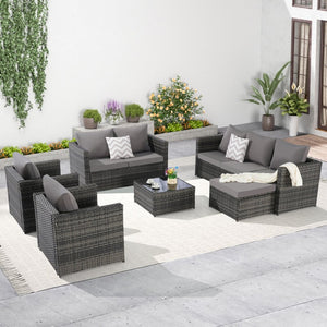 English Elm 6 Piece Outdoor Modular Sectional with Pe Wicker Cushioned Seating and Tempered Glass Table Dark Gray W874S00062