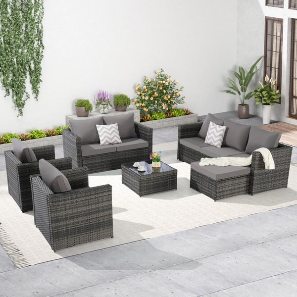 English Elm 6 Piece Outdoor Modular Sectional with Pe Wicker Cushioned Seating and Tempered Glass Table Dark Gray W874S00062