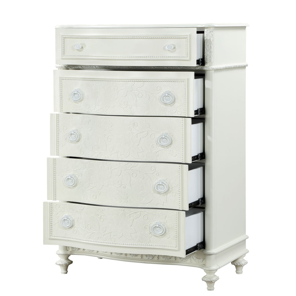English Elm Ivory Romantic 5-Drawer Chest with Felt-Lined Top Drawer, Floral Accents & Mixed Pulls for Elegant Storage B062P209029