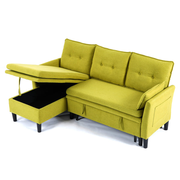English Elm L-Shaped Reversible Chaise Sectional Sofa with Storage and Fold-Out Bed Cotton-Linen Modern Design Green W3371S00026