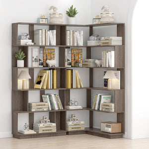 English Elm 90 Cm Modular Corner Bookcase Set of 2 Freestanding Display Shelves Dark Brown W2899S00009