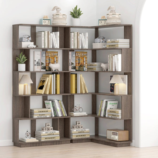 English Elm 90 Cm Modular Corner Bookcase Set of 2 Freestanding Display Shelves Dark Brown W2899S00009
