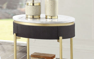 English Elm Gorgeous Mid-Century Glam Coffee Table with White Faux Marble Top, Gold Frame, Concealed Drawer Black + Dark Walnut 27 L x 27 W x 12 H B011P184955