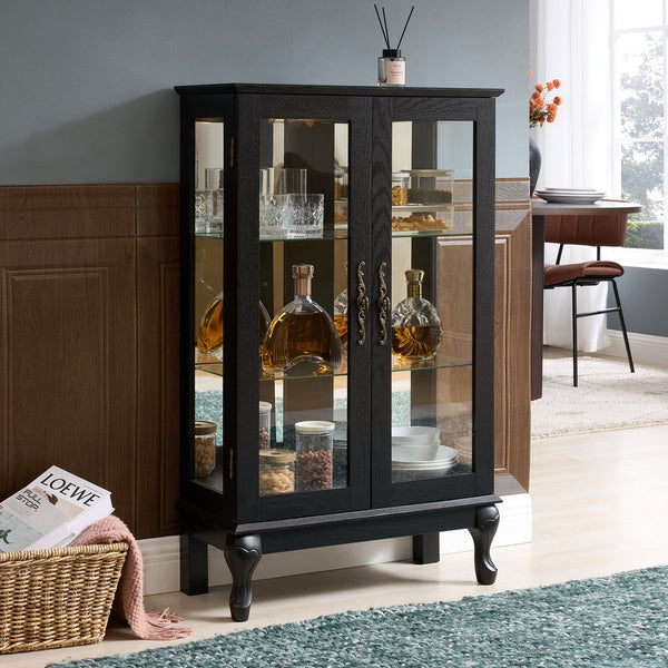English Elm Curio Cabinet with Lighted Tempered Glass, Mirrored Back, Adjustable Shelves, Vintage Handle — Black W2275P389705