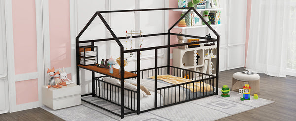 English Elm Full Size Metal House Bed Frame with Desk, Shelves, USB Power Ports & Playful Roof for Kids Room Delight Black N737P173491B