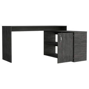 English Elm Dallas L-Shaped Home Office Desk with Spacious Work Surface, Two Open Shelves and Cabinet Storage Solution Oak 34 L x 24 W x 5 H B128S00163