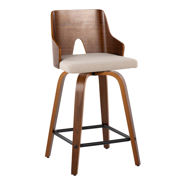 English Elm Ariana Mid-Century Counter Stool Set of 2 — 24" Swivel Beige Fabric, Walnut Back, Black Square Footrest B202S00001