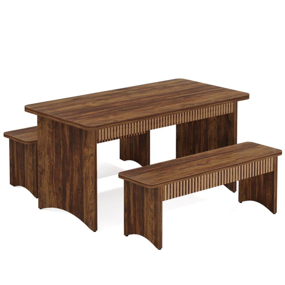 English Elm Farmhous Style 3 Piece Dining Set with Benches Rustic Wood Grain Table for Small Spaces T3971P446836