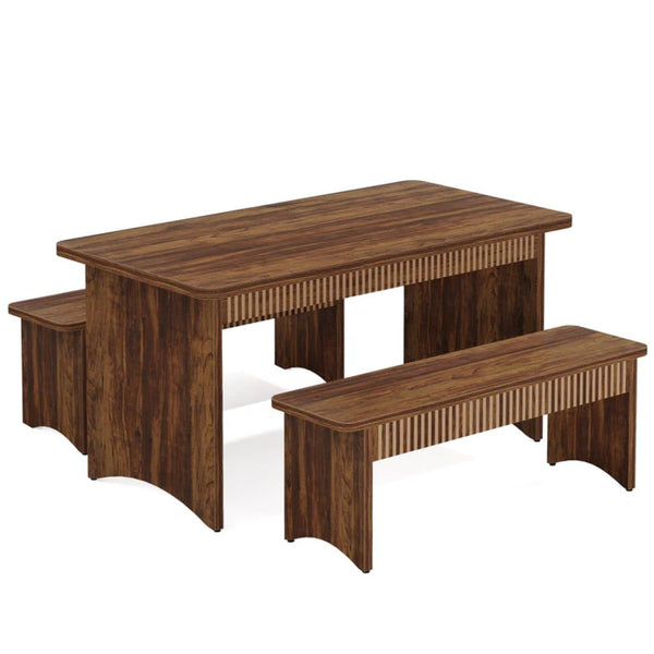 English Elm Farmhous Style 3 Piece Dining Set with Benches Rustic Wood Grain Table for Small Spaces T3971P446836