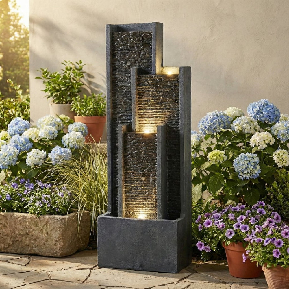 English Elm 40 Inch Outdoor Cascading Resin Fountain with Warm Led Lights for Patio Garden W853P412656