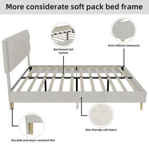 English Elm Velvet Tufted Queen Platform Bed Diamond Headboard for Elegant Master Bedroom W1935P361008