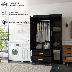 English Elm Shaker Three Door Wardrobe Armoire with Hanging Rod and Shelves for Bedroom Black T3210S00006
