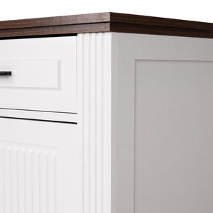 English Elm 63" Fluted Mdf Sideboard with Wood Tone Top Four Doors Three Drawers Dining Storage White W2917S00011