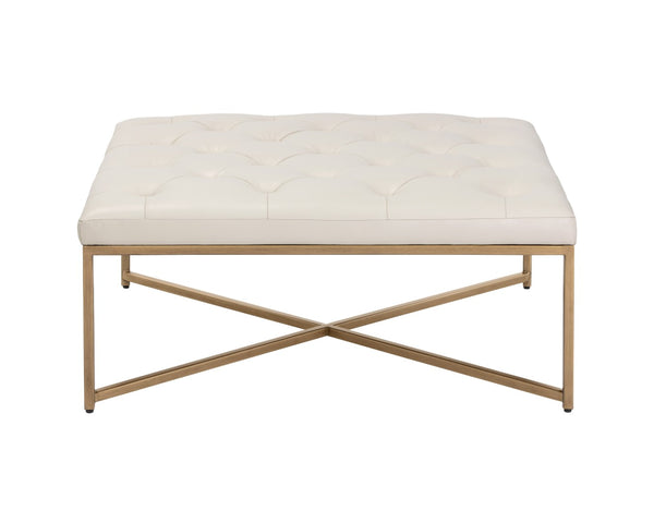 Sunpan ENDALL Ottoman - Luxurious Top-Grain Leather with Antique Brass Base for Elegant Living Spaces Cream 104089