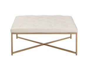 Sunpan Endall Ottoman - Elegant Square Design with Button Tufting Perfect for Coffee Table or Extra Seating Antique Brass / Vintage Vanilla Leather