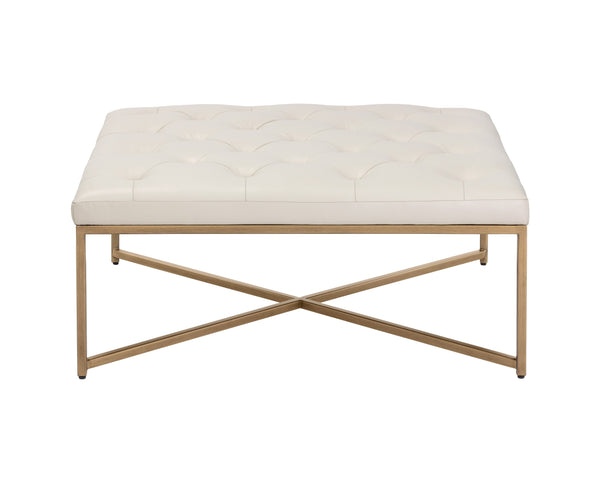 Sunpan Endall Ottoman - Elegant Square Design with Button Tufting Perfect for Coffee Table or Extra Seating Antique Brass / Vintage Vanilla Leather