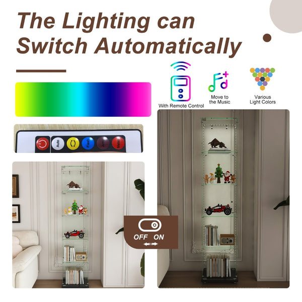 English Elm Premium 5-Tier Glass Display Case With Led Lighting, Stylish Design For Collectibles, Home & Office W2700P353066-GIGA