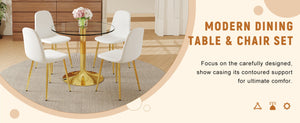 English Elm Table Set: 35" Round Transparent Glass Dining Table & 4 White Linen-Cotton Chairs With Gold Legs W1151S03701-GIGA