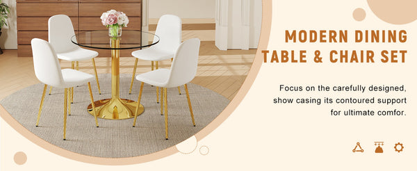 English Elm Table Set: 35" Round Transparent Glass Dining Table & 4 White Linen-Cotton Chairs With Gold Legs W1151S03701-GIGA