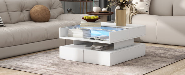 English Elm VIBE Lift-Top Coffee Table with Glass Top, Hidden Storage & LED Ambience, Modern High-Gloss Centerpiece White N724P290043K