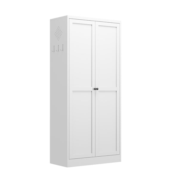 English Elm 61" White Metal Pantry Cabinet – 4 Adjustable Shelves (110 lb Each), Heavy-Duty Freestanding Organizer, Scratch-Resistant Finish, Rounded Handles, Side Hooks, Versatile Kitchen & Living Storage W2735P351633