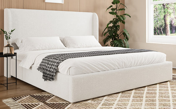 English Elm Queen Boucle Upholstered Wingback Bed Solid Wood Slats Cozy Bedroom Anchor W1670S00029