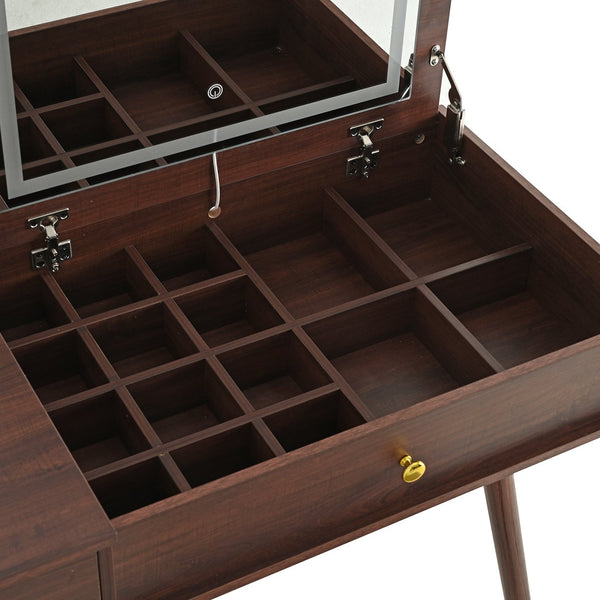 English Elm 3-in-1 Vanity Desk with LED Flip Mirror, Compact Makeup/Dressing Table with Storage Drawers & Stool Walnut N844P291656W