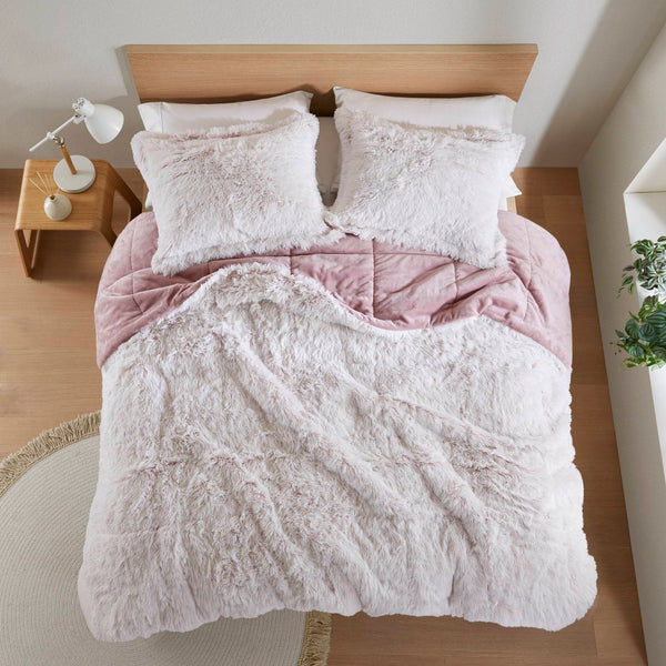 English Elm 3 Piece Shaggy Faux Fur Comforter Set Plush Lodge Style Hypoallergenic Bedding Pink+White B035P319587