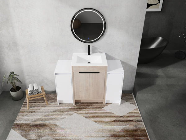 English Elm 48 Inch Freestanding Bathroom Vanity With Ceramic Sink, Adjustable Shelves & Soft-Close Doors W999S00312