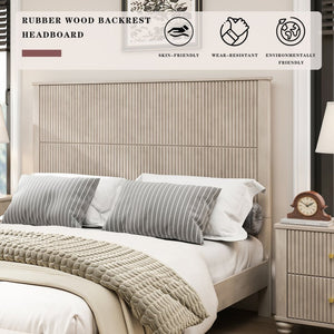 English Elm Solid Rubberwood Queen Platform Bed Tall Headboard Vertical Grain No Box Spring Beige W5819S00002