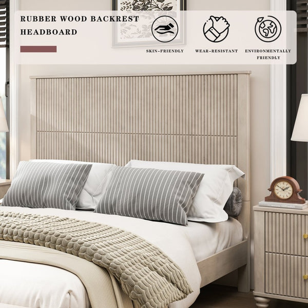 English Elm Solid Rubberwood Queen Platform Bed Tall Headboard Vertical Grain No Box Spring Beige W5819S00002