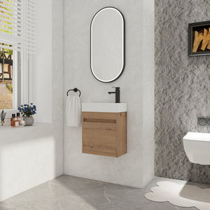 English Elm 18'' Floating Vanity with White Resin Sink, Soft-Close Door, Open Shelf Storage, Water-Resistant Finish W99936260