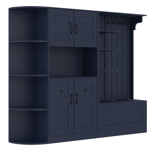 English Elm Multifunctional Modular Hall Tree Cabinet with Open Shelves and Hooks for Entryway Antique Blue W1580S00520