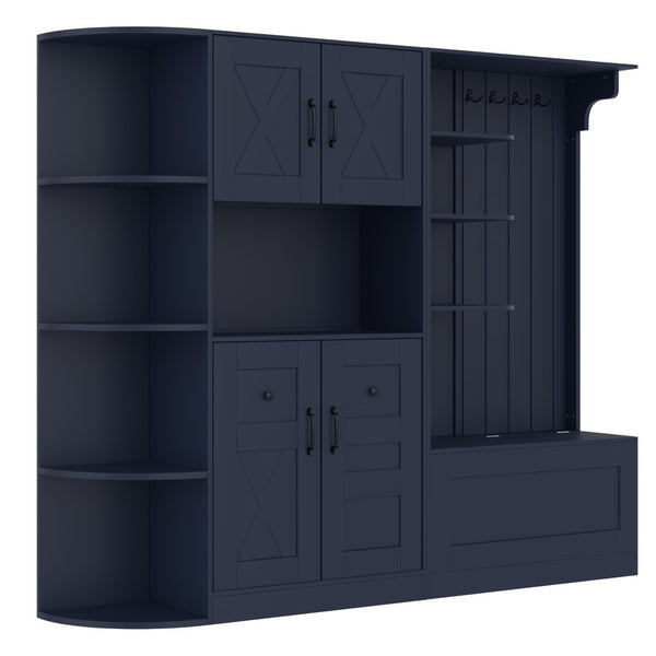 English Elm Multifunctional Modular Hall Tree Cabinet with Open Shelves and Hooks for Entryway Antique Blue W1580S00520
