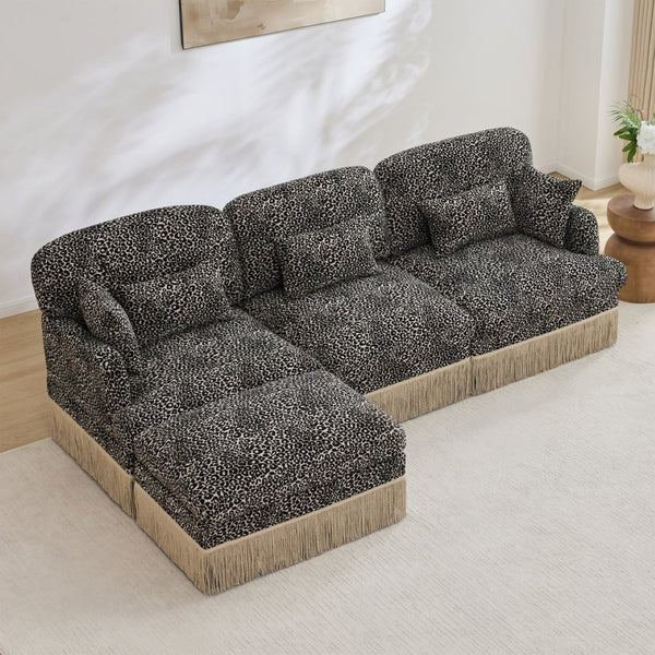 English Elm 100"comfy Chenille Leopard Print Sectional Sofa with Tassel Trim and Movable Ottoman Khaki W5656S00023