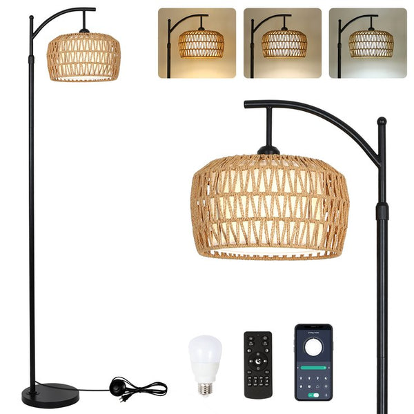 English Elm Arc Rattan Arc Floor Lamp with Remote & Smart LED, Dimmable 3-Color Timer, Adjustable 65–72.8" W2738P400694