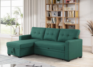 English Elm Convertible Upholstered Sectional Sofa with Pull-out Chaise Sleeper and Storage Green B2730S00004