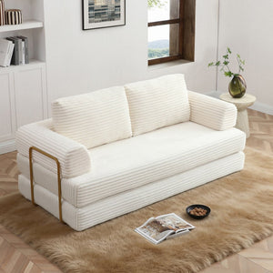 English Elm Convertible Floor Sofa Futon with Corduroy Upholstery for Living Room Lounging and Sleeping Beige W1117P434687